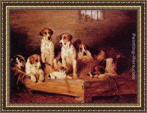 Terriers Framed Paintings - Foxhounds and Terriers in a Kennel by John Emms