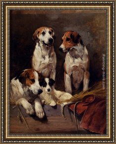 Terriers Framed Paintings - Three Hounds With A Terrier by John Emms
