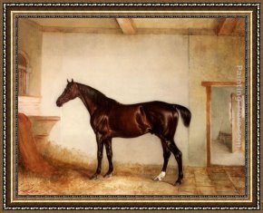 A Bay Hunter with Two Spaniels Framed Paintings - A Bay Hunter In A Loose Box by John Ferneley Snr