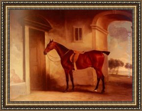 A Bay Hunter with Two Spaniels Framed Paintings - A Saddled Bay Hunter In A Stableyard by John Ferneley Snr