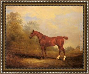 Her Favorite Book Framed Paintings - Cecil, a favorite Hunter of the Earl of Jersey in a Landscape by John Ferneley Snr