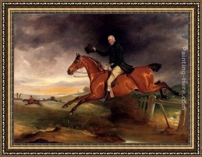 A Bay Hunter with Two Spaniels Framed Paintings - Mr George Marriott On His Bay Hunter Taking A Fence by John Ferneley Snr