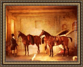 A Bay Hunter with Two Spaniels Framed Paintings - Sir John Thorold's Bay Hunters With Their Groom In A Stable by John Ferneley Snr