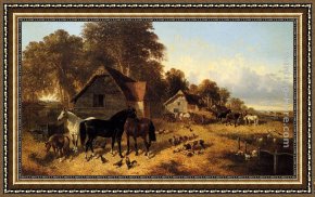 Ponies, a Calf And Poultry in a Farmyard Framed Paintings - A Flourishing Farmyard by John Frederick Herring, Jnr
