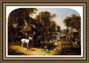 Old English Pheasant Framed Paintings - An English Farmyard Idyll by John Frederick Herring, Jnr