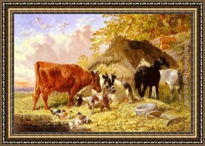 Mallard Duck Framed Paintings - Horses, Cows, Ducks and a Goat by a Farmhouse by John Frederick Herring, Jnr