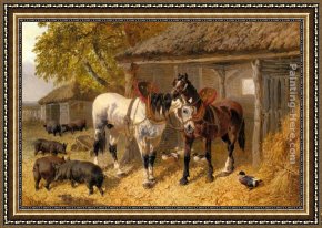 Ponies, a Calf And Poultry in a Farmyard Framed Paintings - The Farmyard by John Frederick Herring, Jnr