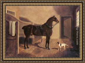 Her Favorite Book Framed Paintings - A Favorite Coach Horse and Dog in a Stable by John Frederick Herring Snr