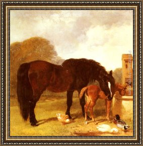 Calves Watering Framed Paintings - Horse and Foal watering at a trough by John Frederick Herring Snr
