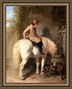 Calves Watering Framed Paintings - Refreshment, A Boy Watering His Grey Pony by John Frederick Herring Snr