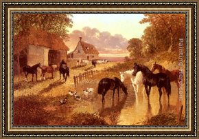 Cattle in a Pasture Framed Paintings - The Evening Hour - Horses And Cattle By A Stream At Sunset by John Frederick Herring Snr