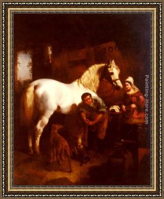 Blacksmith at His Forge Framed Paintings - The Village Blacksmith by John Frederick Herring Snr