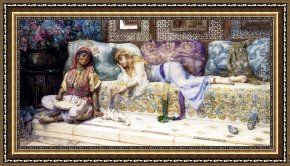 Ladies at The Milliners Framed Paintings - Ladies In Turkish Costume Playing With A Kitten by John Henry Henshall