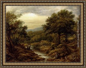 A River Landscape in Springtime Framed Paintings - A River Landscape, With Two Boys Fishing And A Girl Fetching Water by John Linnell