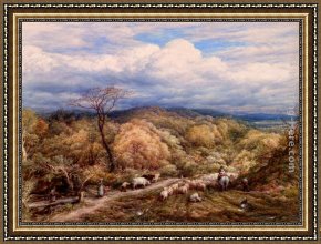 A Shepherd And His Dog Guarding a Flock of Sheep Framed Paintings - An Autumn Afternoon With Shepherd And Flock by John Linnell