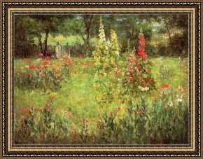 Mountain Poppies III Framed Paintings - Hollyhocks and Poppies The Hermitage by John Ottis Adams