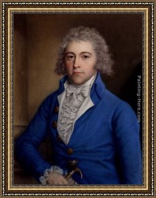 Portrait of a Monk of The Benedictine Order, Holding a Skull Framed Paintings - Portrait of a Gentleman, half-length, in a blue coat, holding a cane in his right hand by John Russell