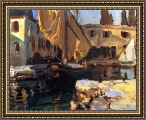 Boat Framed Paintings - San Vigilio A Boat with Golden Sail by John Singer Sargent