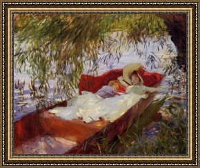 Woman with a Parasol 1 Framed Paintings - Two Women Asleep in a Punt under the Willows by John Singer Sargent