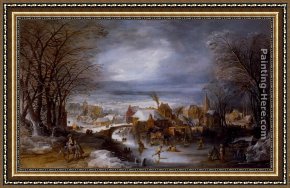 Flight Framed Paintings - A Winter Landscape With The Flight Into Egypt by Joos De Momper