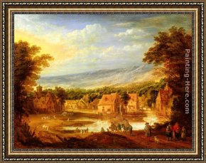 A River Landscape in Springtime Framed Paintings - An extensive river landscape with travellers approaching a village by Joos De Momper