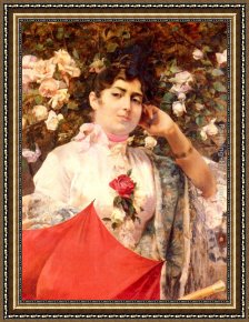 Parasol Framed Paintings - The Red Parasol by Jose Garcia y Ramos