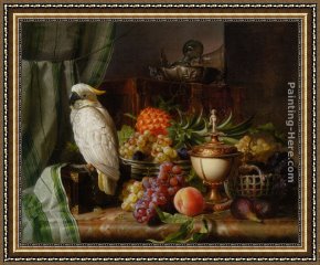Peach Framed Paintings - A Cockatoo Grapes Figs Plums a Pineapple and a Peach by Josef Schuster