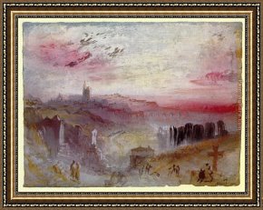 Out on The Town Framed Paintings - View over Town at Suset a Cemetery in the Foreground by Joseph Mallord William Turner