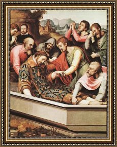 Entombment Framed Paintings - The Entombment of St Stephen Martyr by Juan de Juanes