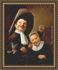 Two Boys And a Girl Making Music Framed Paintings - A Boy and a Girl with a Cat and an Eel by Judith Leyster