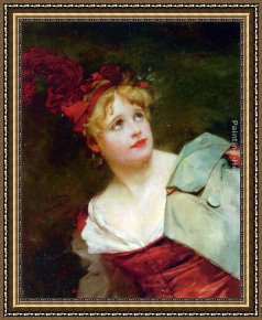 Jules Framed Paintings - A Lady Wearing a Crimson Hat by Jules Adolphe Goupil