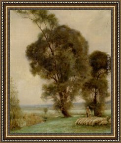 Jules Framed Paintings - A Sheperdess and Her Sheep in a Misty Landscape by Jules-Alexis Muenier