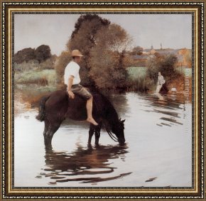 Jeune Bergere Debout Framed Paintings - Jeune paysan faisant boire son cheval by Jules-Alexis Muenier
