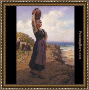 Jules Framed Paintings - A la Fontaine by Jules Breton