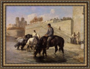 Jules Framed Paintings - Chevaux s'Abreuvant dans la Seine Derriere Notre Dame by Jules Jacques Veyrassat