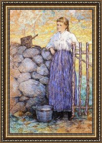 Standing Guard Framed Paintings - Girl Standing by a Gate by Julian Alden Weir