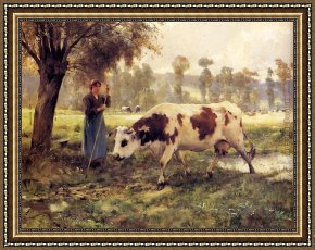 Julien Framed Paintings - Cows At Pasture by Julien Dupre