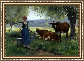 Julien Framed Paintings - Milkmaid with Cows 2 by Julien Dupre