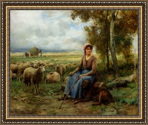 Julien Framed Paintings - Shepherdess Watching Over Her Flock by Julien Dupre