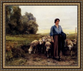 Julien Framed Paintings - Shepherdess With Her Flock by Julien Dupre