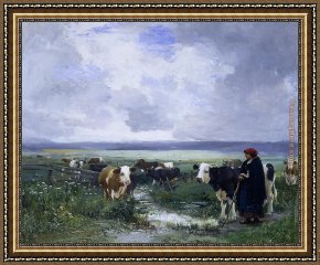 Julien Framed Paintings - Tending the Herd by Julien Dupre
