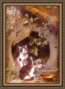Julius Adam Framed Paintings - Playful Kittens by Julius Adam