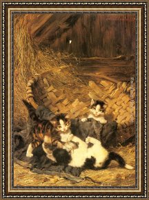 Julius Adam Framed Paintings - Playful Kittens in a Basket by Julius Adam