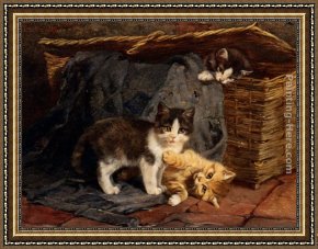 Julius Adam Framed Paintings - The Playful Kittens by Julius Adam