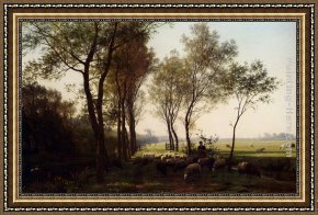 Julius Jacobus Van De Sande Bakhuyzen Framed Paintings - A Shepherdess And Her Flock On A Country Lane by Julius Jacobus Van De Sande Bakhuyzen