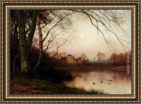 Mallard Duck Framed Paintings - A Woodland With Ducks In A Pond by Julius Jacobus Van De Sande Bakhuyzen