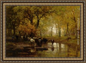 Julius Jacobus Van De Sande Bakhuyzen Framed Paintings - Watering Cows in a Pond by Julius Jacobus Van De Sande Bakhuyzen