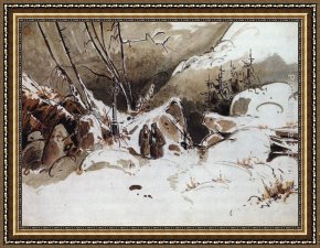 Karl Framed Paintings - Alpine Pass in Winter with Monks by Karl Blechen