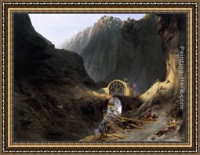 Karl Framed Paintings - Building the Devil's Bridge by Karl Blechen