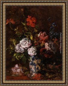 Floral Still Life in a Blue And White Porcelain Vase Framed Paintings - Floral still life in a blue and white porcelain vase by Karl Pierre Daubigny